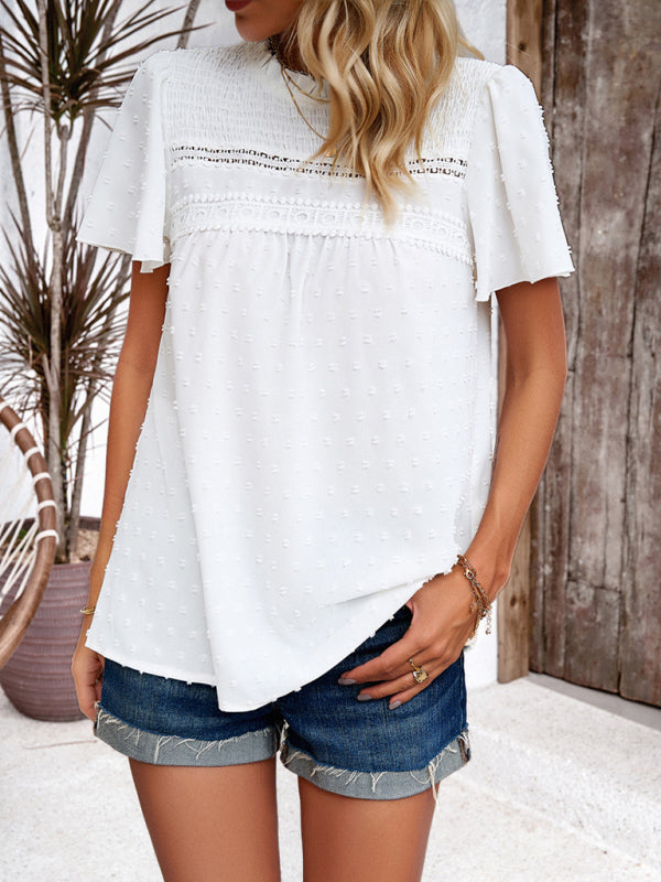 Angelina's solid color short-sleeved lace blouse BLUE ZONE PLANET