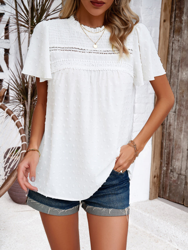 Angelina's solid color short-sleeved lace blouse BLUE ZONE PLANET