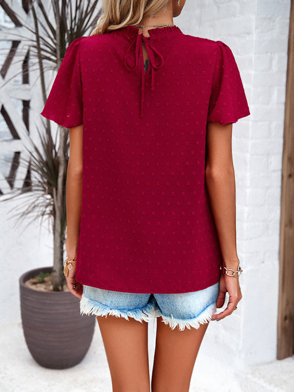 Angelina's solid color short-sleeved lace blouse BLUE ZONE PLANET