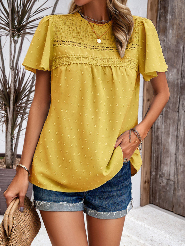 Angelina's solid color short-sleeved lace blouse BLUE ZONE PLANET