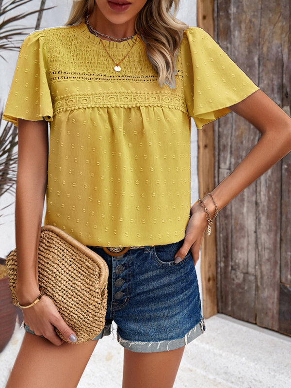 Angelina's solid color short-sleeved lace blouse BLUE ZONE PLANET