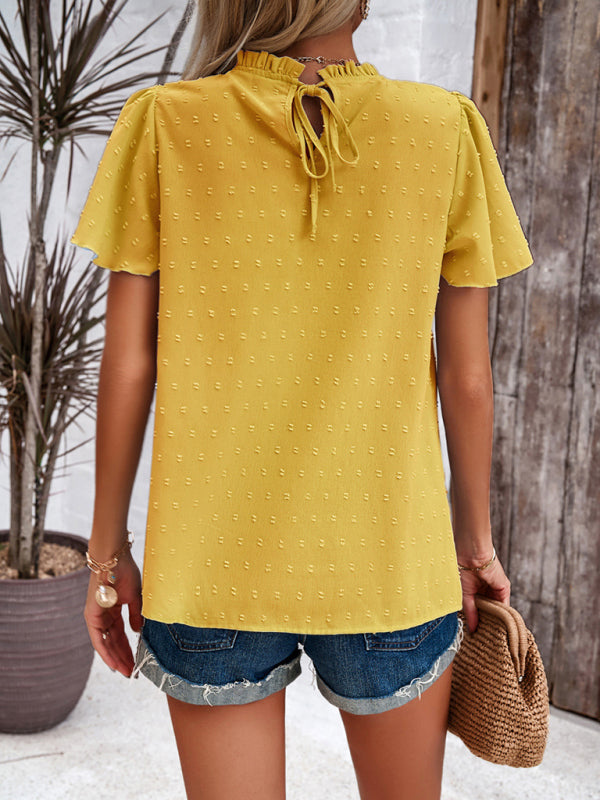 Angelina's solid color short-sleeved lace blouse BLUE ZONE PLANET