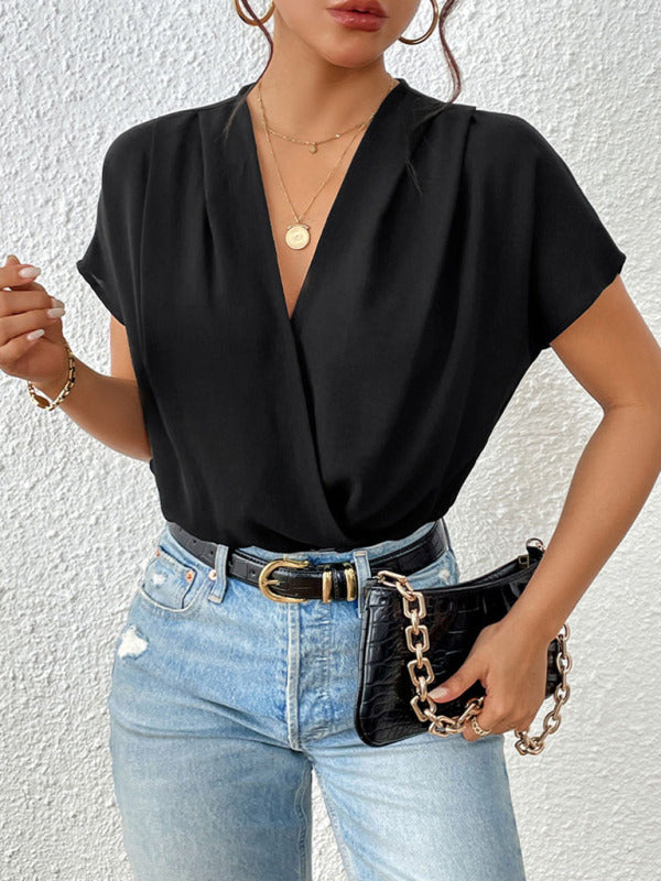 V-neck pleated dropped shoulder elegant bodysuit kakaclo