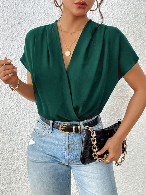 V-neck pleated dropped shoulder elegant bodysuit kakaclo