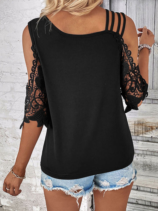 Women's lace patchwork knitted top with off-shoulder sleeves kakaclo