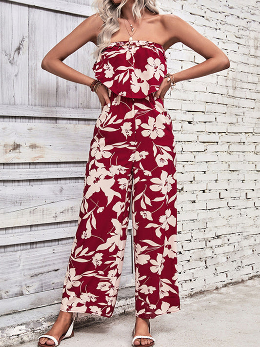 Women's new tube top printed tight red jumpsuit kakaclo