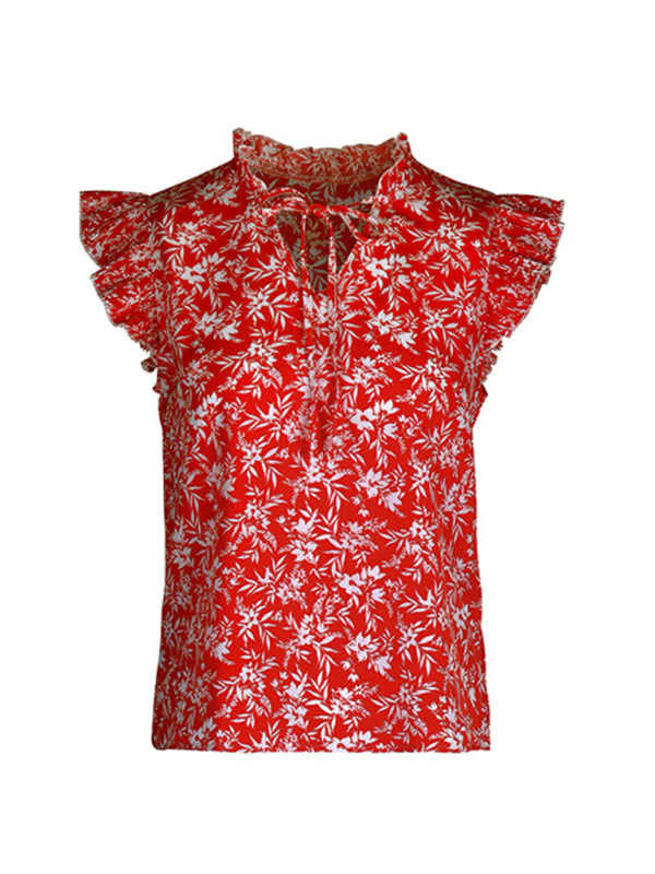 Red Printed Ruffled Short Sleeve Shirt kakaclo