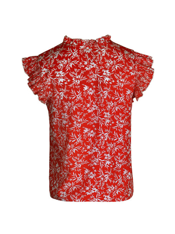 Red Printed Ruffled Short Sleeve Shirt kakaclo