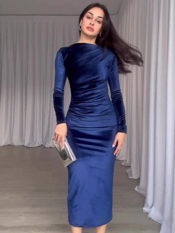 Blue Zone Planet |  New Fashion Solid Color Slim Fit Pleated Round Neck Long Sleeve Dress kakaclo