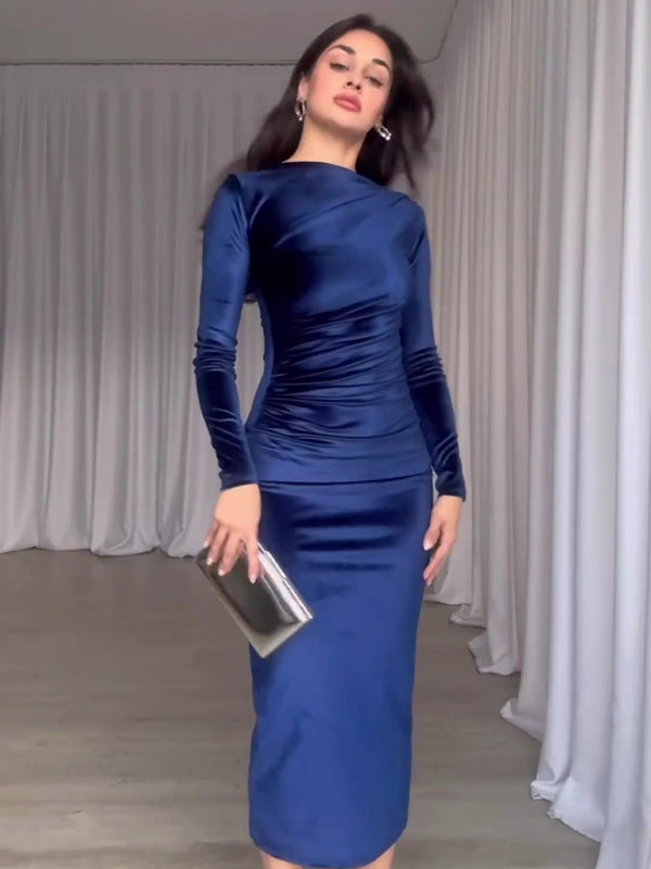 Blue Zone Planet |  New Fashion Solid Color Slim Fit Pleated Round Neck Long Sleeve Dress kakaclo