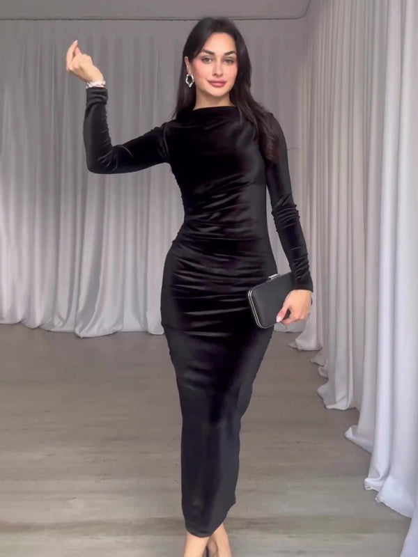 Blue Zone Planet |  New Fashion Solid Color Slim Fit Pleated Round Neck Long Sleeve Dress kakaclo
