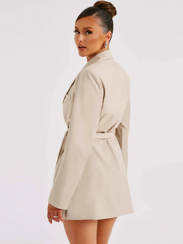 Blue Zone Planet |  Elegant lapel waist tie mid-length suit dress BLUE ZONE PLANET