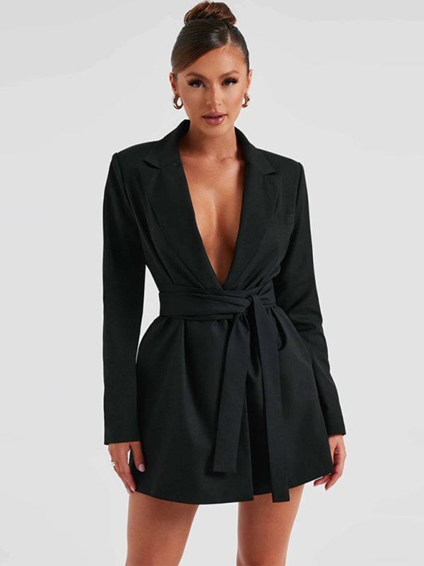 Blue Zone Planet |  Elegant lapel waist tie mid-length suit dress BLUE ZONE PLANET
