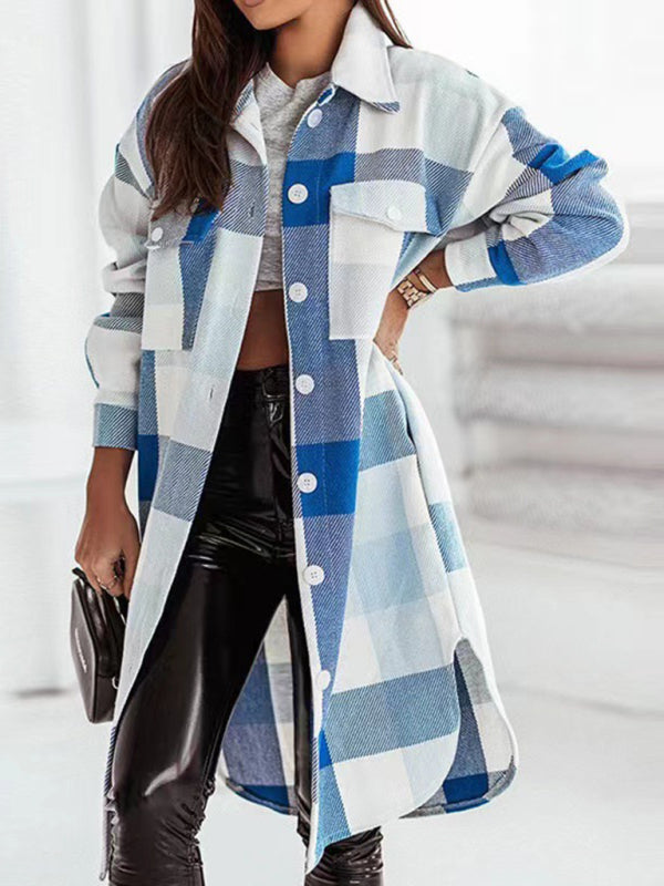 Blue Zone Planet |  Women's new color flannel plaid long windbreaker fashionable shirt woolen jacket kakaclo