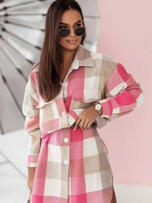 Blue Zone Planet |  Women's new color flannel plaid long windbreaker fashionable shirt woolen jacket kakaclo