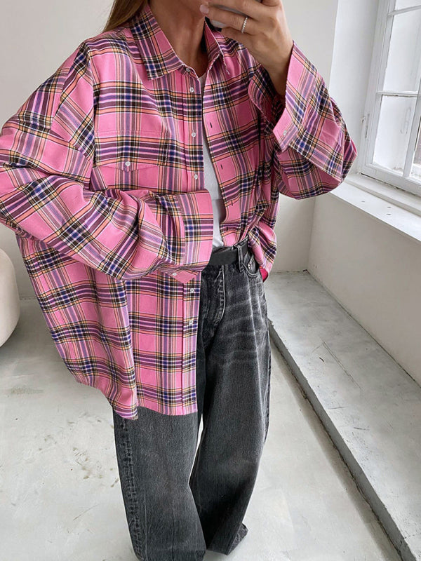 Blue Zone Planet |  Women's new retro classic plaid lapel long-sleeved shirt kakaclo