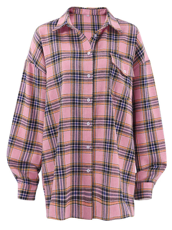 Blue Zone Planet |  Women's new retro classic plaid lapel long-sleeved shirt kakaclo