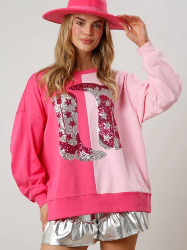 Women's sequined boots color-blocked long-sleeved sweatshirt kakaclo
