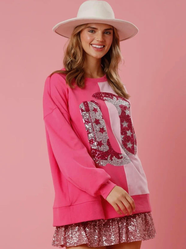 Women's sequined boots color-blocked long-sleeved sweatshirt kakaclo