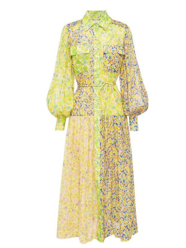 Women's floral color block lantern sleeve long dress-[Adult]-[Female]-Green-S-2022 Online Blue Zone Planet