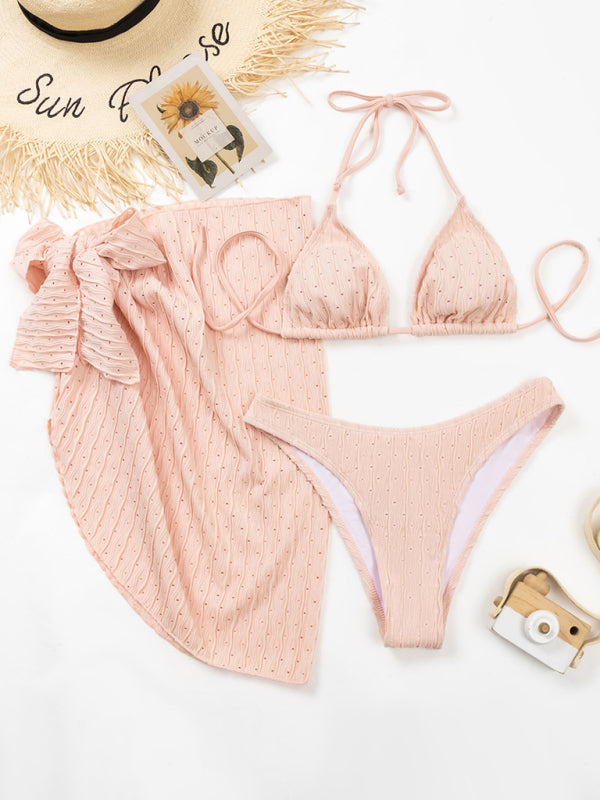 Feminine lace-up textured three-piece bikini-TOPS / DRESSES-[Adult]-[Female]-2022 Online Blue Zone Planet
