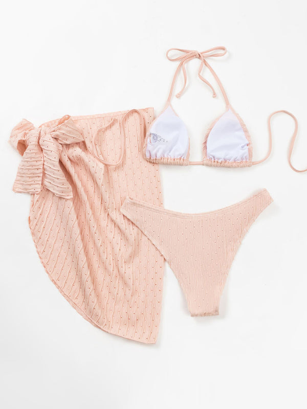 Feminine lace-up textured three-piece bikini-TOPS / DRESSES-[Adult]-[Female]-2022 Online Blue Zone Planet