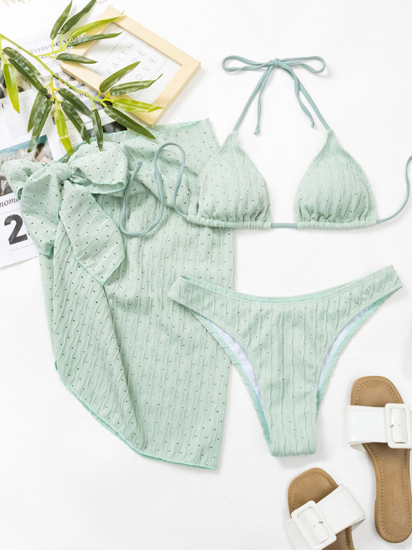 Feminine lace-up textured three-piece bikini-TOPS / DRESSES-[Adult]-[Female]-2022 Online Blue Zone Planet