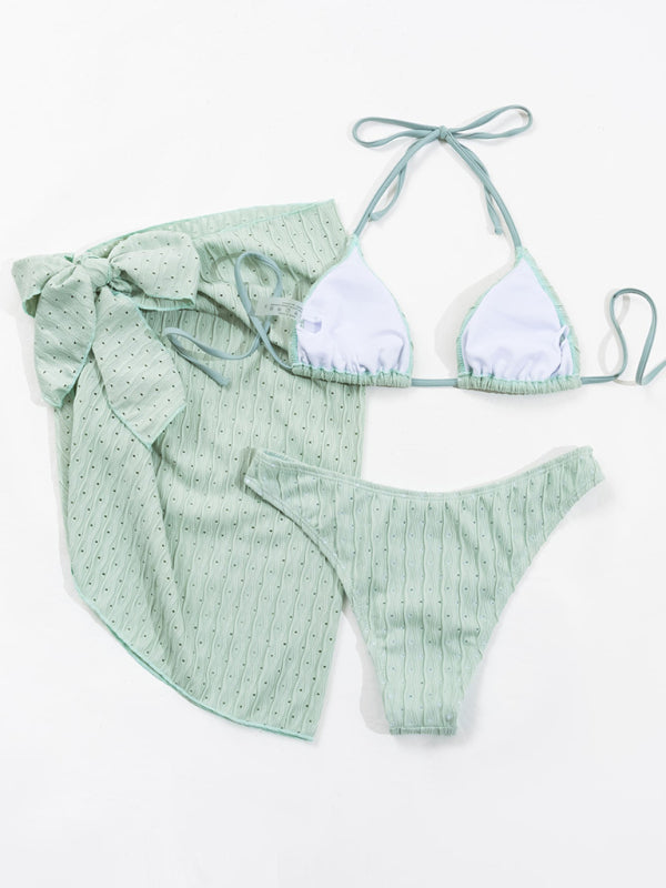 Feminine lace-up textured three-piece bikini-TOPS / DRESSES-[Adult]-[Female]-2022 Online Blue Zone Planet