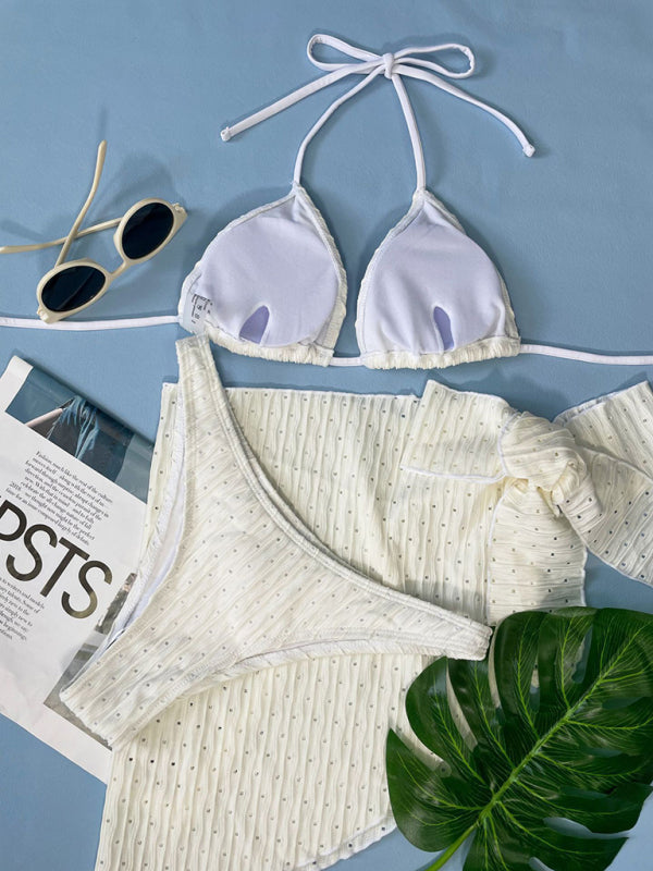 Feminine lace-up textured three-piece bikini-TOPS / DRESSES-[Adult]-[Female]-2022 Online Blue Zone Planet