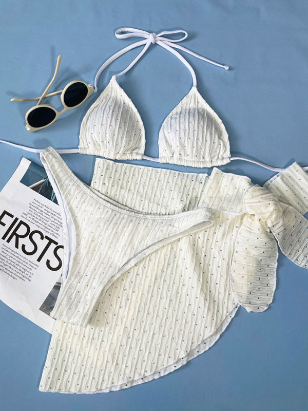 Feminine lace-up textured three-piece bikini-TOPS / DRESSES-[Adult]-[Female]-2022 Online Blue Zone Planet