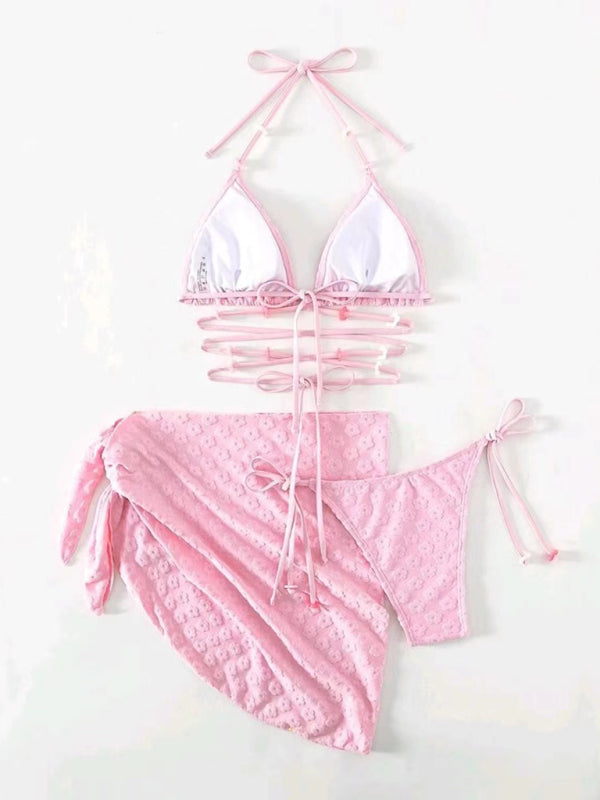 Feminine and cute three-piece bikini with floral lace pattern-TOPS / DRESSES-[Adult]-[Female]-2022 Online Blue Zone Planet