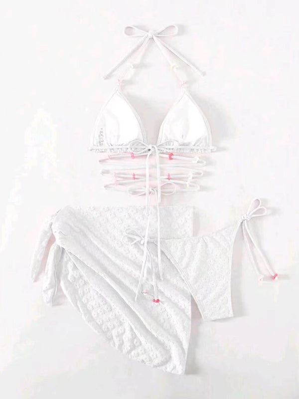 Feminine and cute three-piece bikini with floral lace pattern-TOPS / DRESSES-[Adult]-[Female]-2022 Online Blue Zone Planet