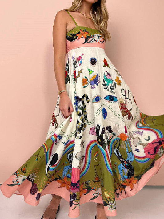 Women's New Sexy Cotton and Linen Suspender Graffiti Print Sleeveless Swing Dress-[Adult]-[Female]-2022 Online Blue Zone Planet