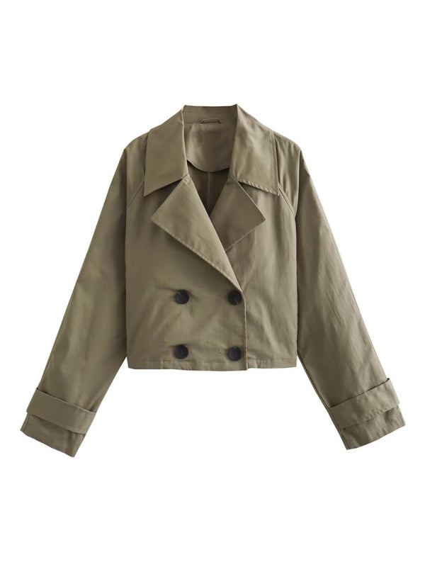 Blue Zone Planet | Long Sleeve Short Casual Windbreaker Double Breasted Jacket-TOPS / DRESSES-[Adult]-[Female]-2022 Online Blue Zone Planet