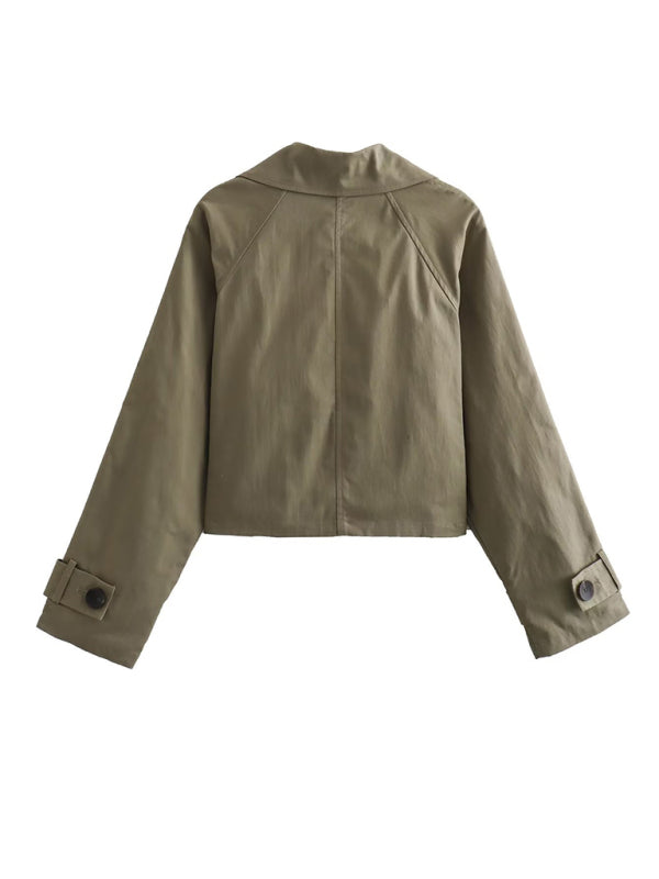Blue Zone Planet | Long Sleeve Short Casual Windbreaker Double Breasted Jacket-TOPS / DRESSES-[Adult]-[Female]-2022 Online Blue Zone Planet