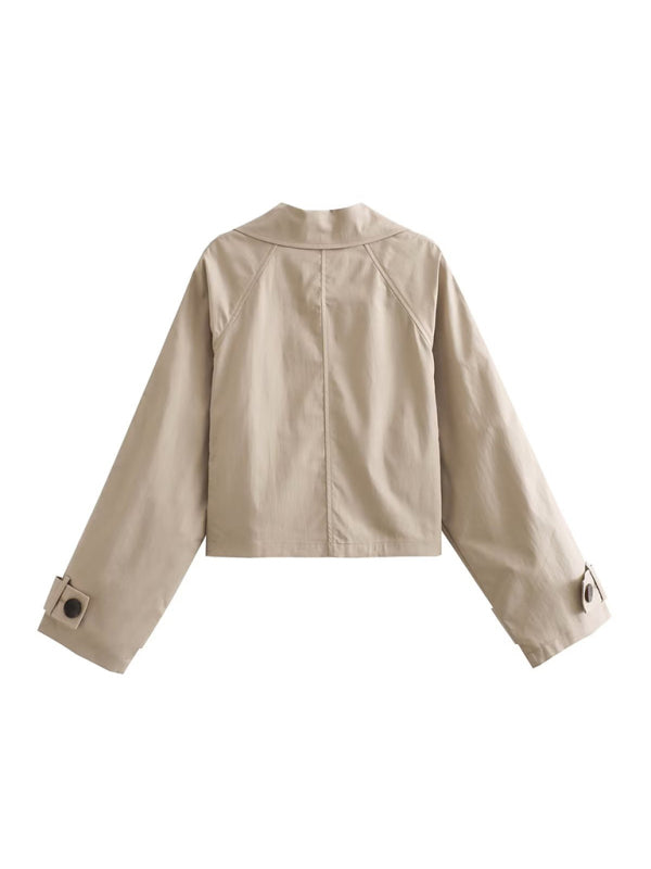 Blue Zone Planet | Long Sleeve Short Casual Windbreaker Double Breasted Jacket-TOPS / DRESSES-[Adult]-[Female]-2022 Online Blue Zone Planet