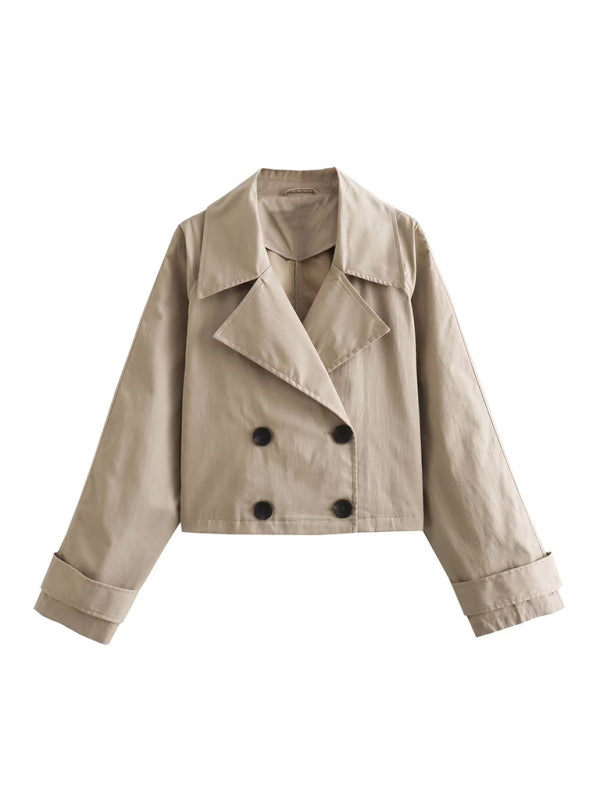 Blue Zone Planet | Long Sleeve Short Casual Windbreaker Double Breasted Jacket-TOPS / DRESSES-[Adult]-[Female]-Khaki-XS-2022 Online Blue Zone Planet