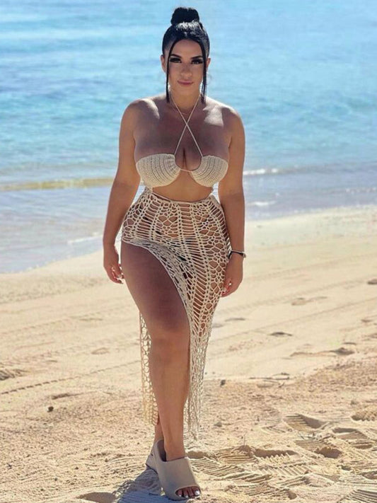 Long fringed stretch side slit suspender beach skirt-BOTTOMS SIZES SMALL MEDIUM LARGE-[Adult]-[Female]-Khaki-S-2022 Online Blue Zone Planet