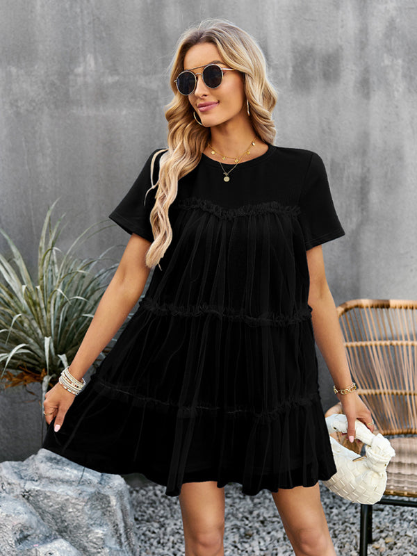 Blue Zone Planet | Mesh splicing elegant round neck solid color mini dress-TOPS / DRESSES-[Adult]-[Female]-2022 Online Blue Zone Planet