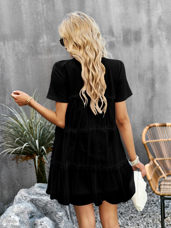 Blue Zone Planet | Mesh splicing elegant round neck solid color mini dress-TOPS / DRESSES-[Adult]-[Female]-2022 Online Blue Zone Planet