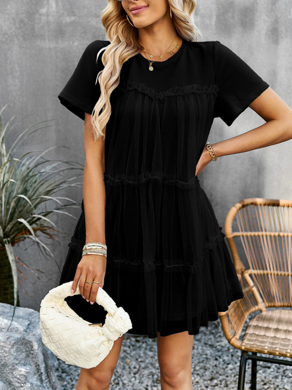 Blue Zone Planet | Mesh splicing elegant round neck solid color mini dress-TOPS / DRESSES-[Adult]-[Female]-Black-S-2022 Online Blue Zone Planet