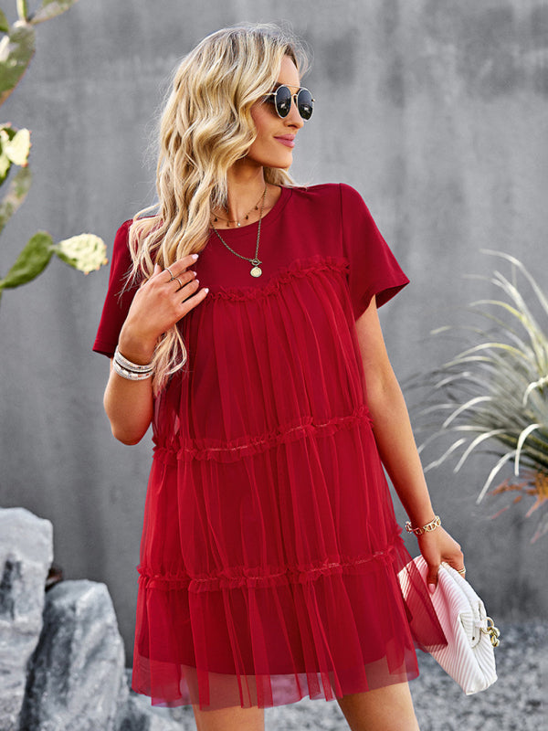 Blue Zone Planet | Mesh splicing elegant round neck solid color mini dress-TOPS / DRESSES-[Adult]-[Female]-2022 Online Blue Zone Planet