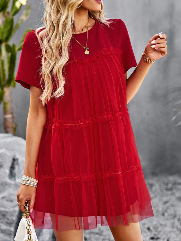 Blue Zone Planet | Mesh splicing elegant round neck solid color mini dress-TOPS / DRESSES-[Adult]-[Female]-Red-S-2022 Online Blue Zone Planet