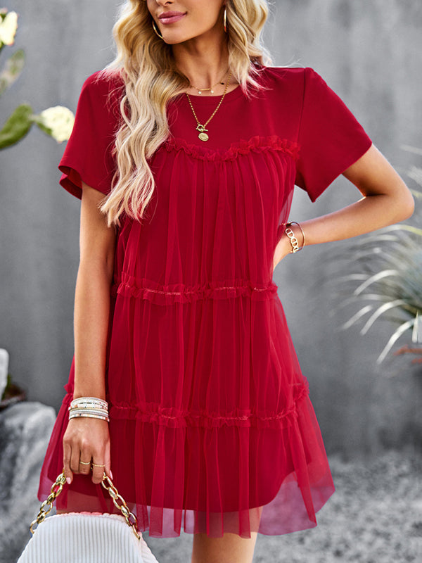 Blue Zone Planet | Mesh splicing elegant round neck solid color mini dress-TOPS / DRESSES-[Adult]-[Female]-2022 Online Blue Zone Planet