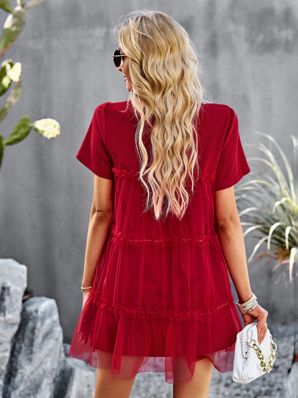 Blue Zone Planet | Mesh splicing elegant round neck solid color mini dress-TOPS / DRESSES-[Adult]-[Female]-2022 Online Blue Zone Planet