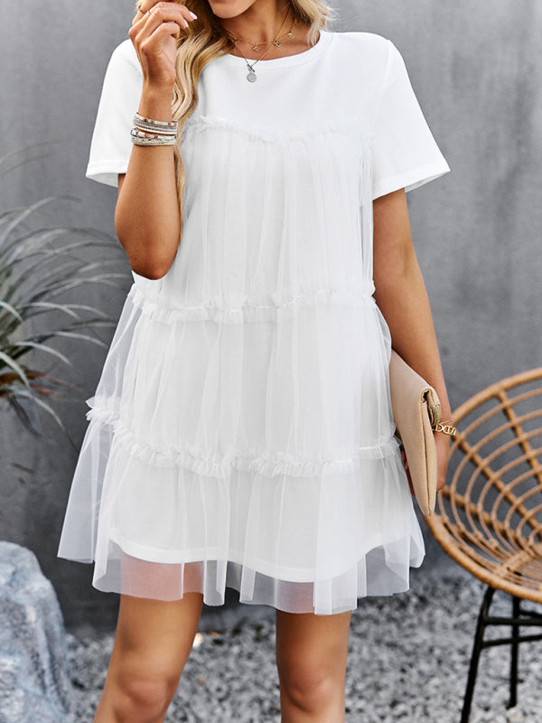 Blue Zone Planet | Mesh splicing elegant round neck solid color mini dress-TOPS / DRESSES-[Adult]-[Female]-White-S-2022 Online Blue Zone Planet