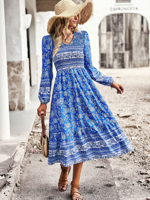 Bohemian Casual Resort Style V-Neck Midi Dress-TOPS / DRESSES-[Adult]-[Female]-2022 Online Blue Zone Planet