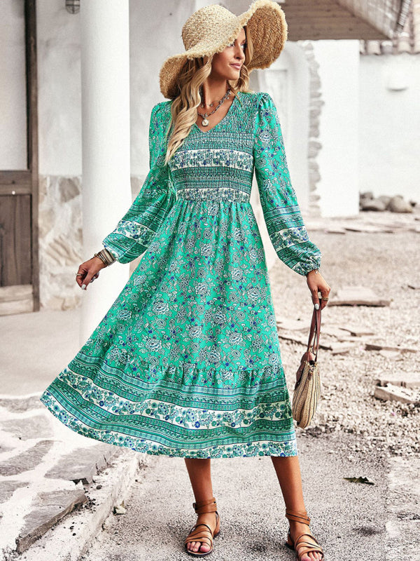 Bohemian Casual Resort Style V-Neck Midi Dress-TOPS / DRESSES-[Adult]-[Female]-2022 Online Blue Zone Planet
