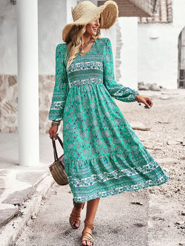 Bohemian Casual Resort Style V-Neck Midi Dress-TOPS / DRESSES-[Adult]-[Female]-2022 Online Blue Zone Planet