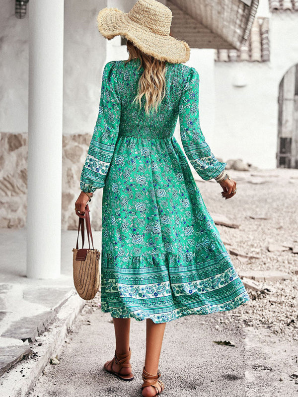 Bohemian Casual Resort Style V-Neck Midi Dress-TOPS / DRESSES-[Adult]-[Female]-2022 Online Blue Zone Planet